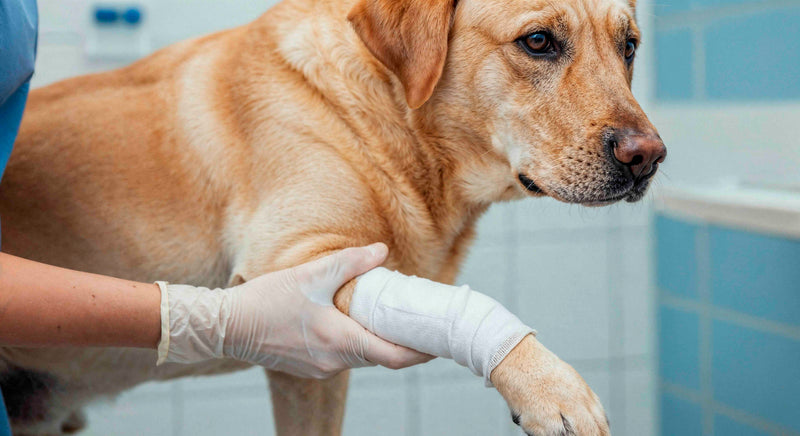 Hund mit verbundener pfote beim tierarzt